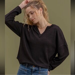 Notch Neck Knit Long Sleeve Top Black NWT